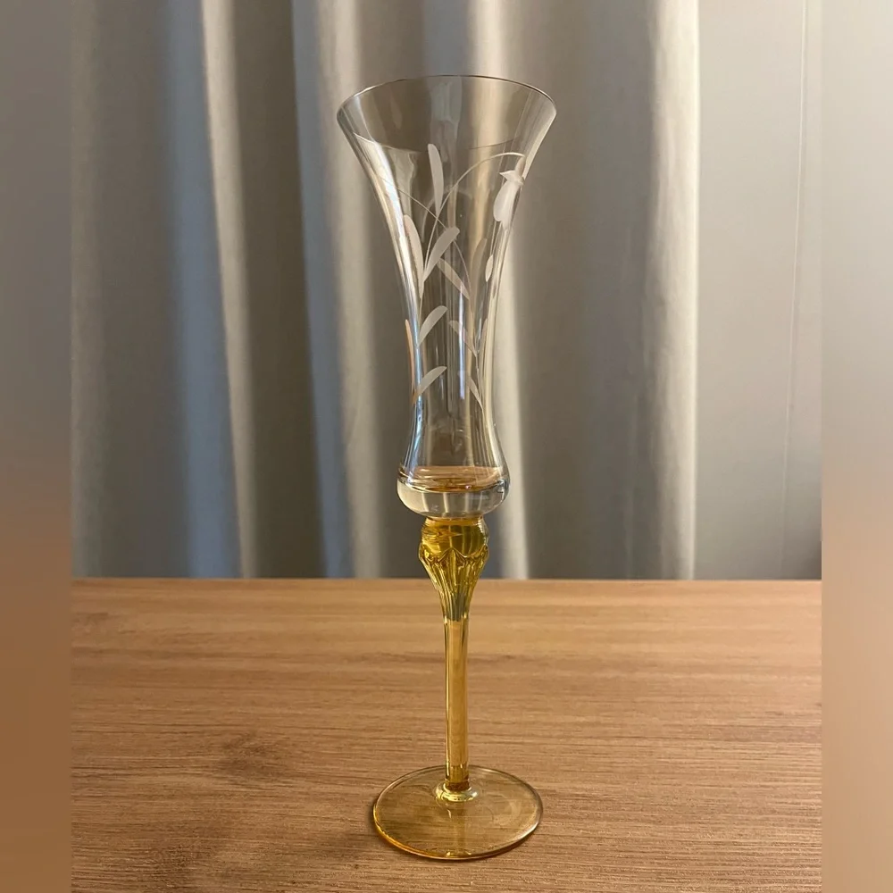 Vintage AMBER GLASS VASE Mid Century Sanyl Etched Amber Glass